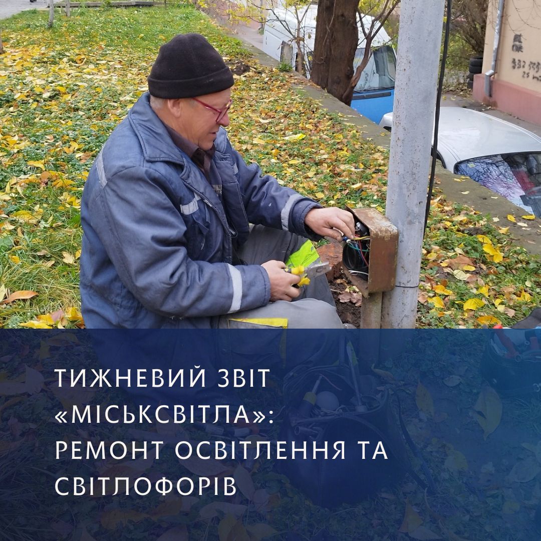 Електромонтер ремонтує освітлення біля парку
